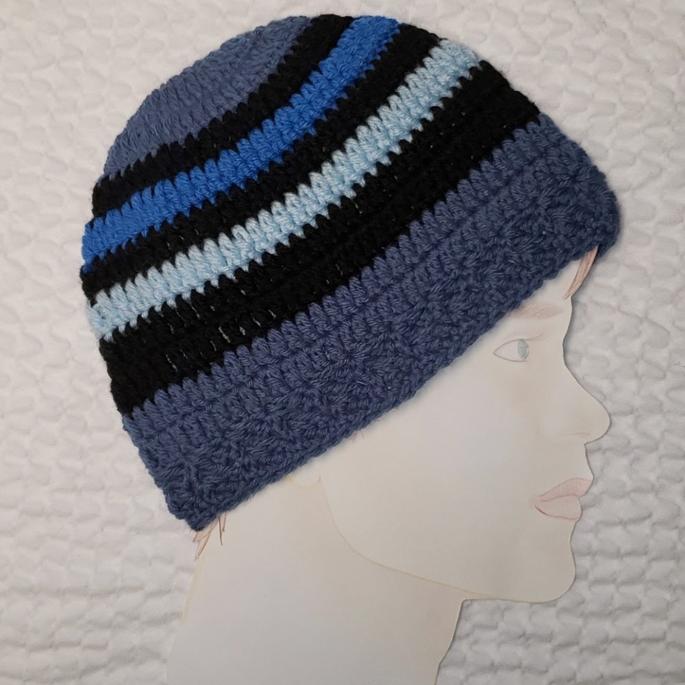 Men's Crochet Beanie/ Blue/ Black/ Handmade